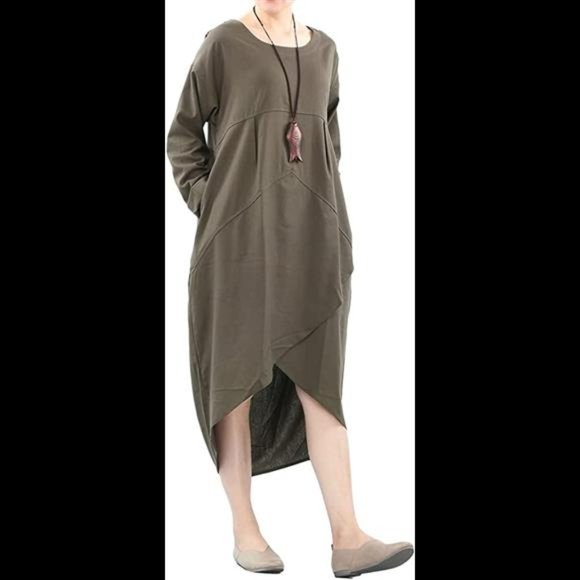Women's Cotton Irregular Hem Shirt Dress with Pockets - Picture 2 of 5